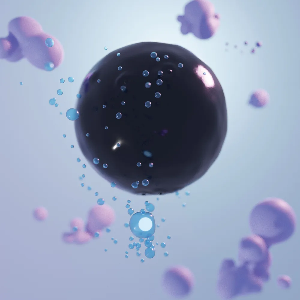 A dark spherical immune cell surrounded by small lavender cells in a pale blue environment