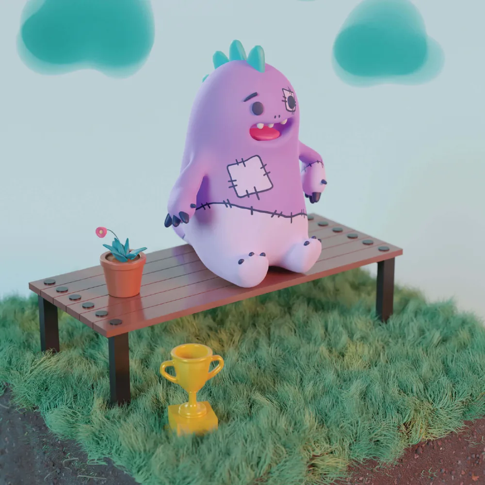 A small purple creature sitting on a wooden bench in a soft green outdoor scene