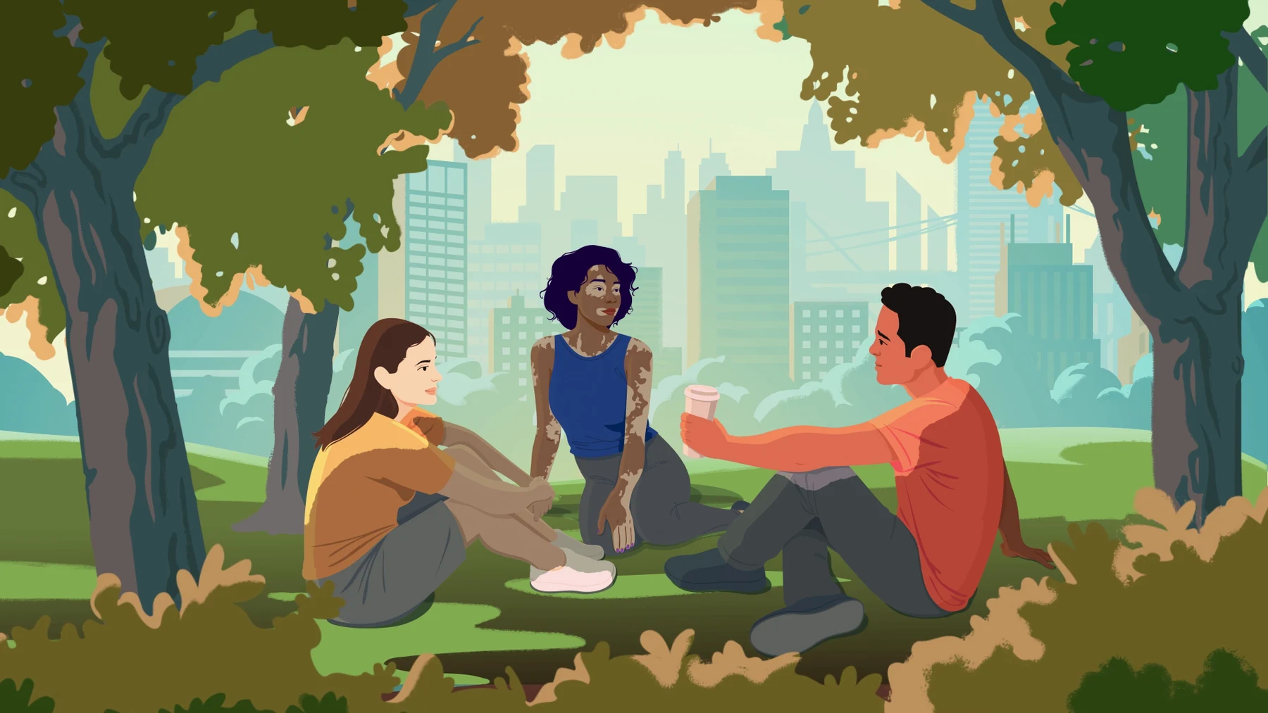 An illustrated group of friends talking beneath trees