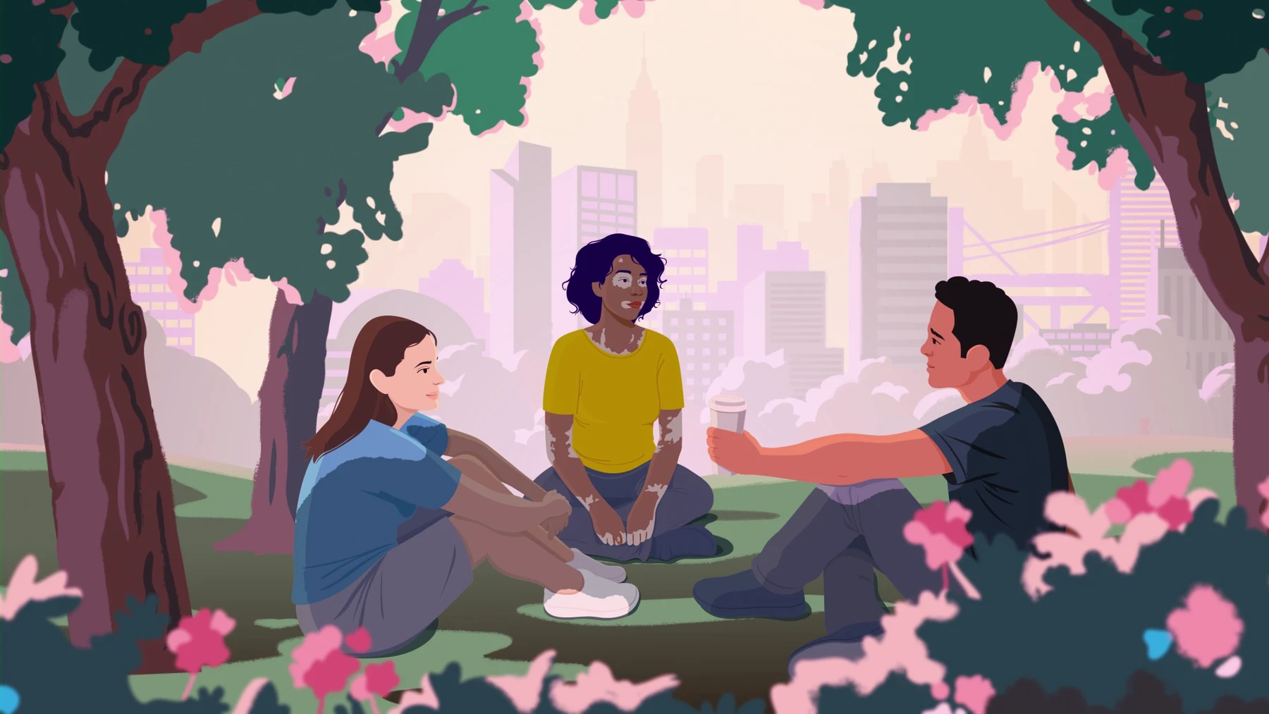 Three illustrated people talking together in a park