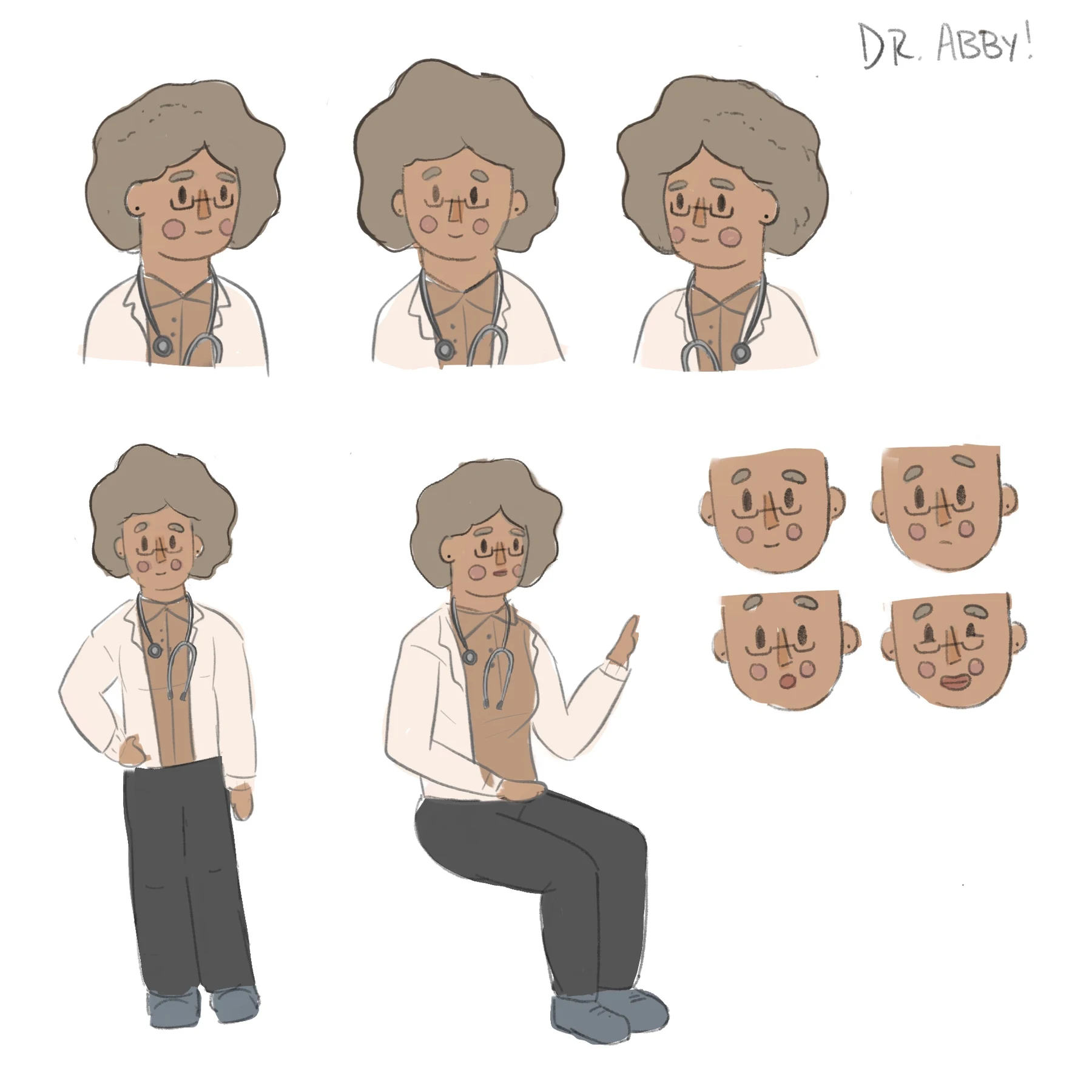 Character design sheet showing Dr. Abby seated, standing and with different facial expressions