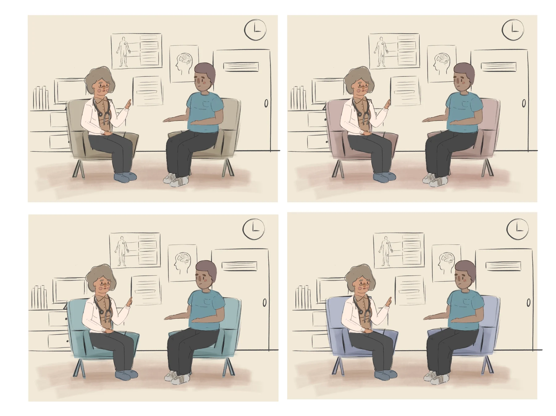 Four illustrated consultation room lighting and composition studies