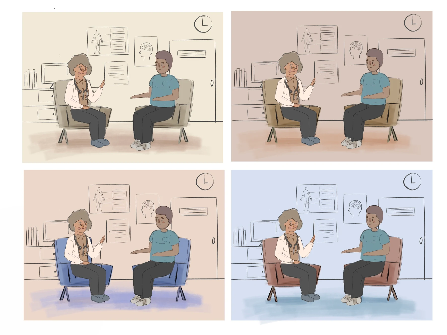 Four consultation room color studies with warmer and cooler palettes