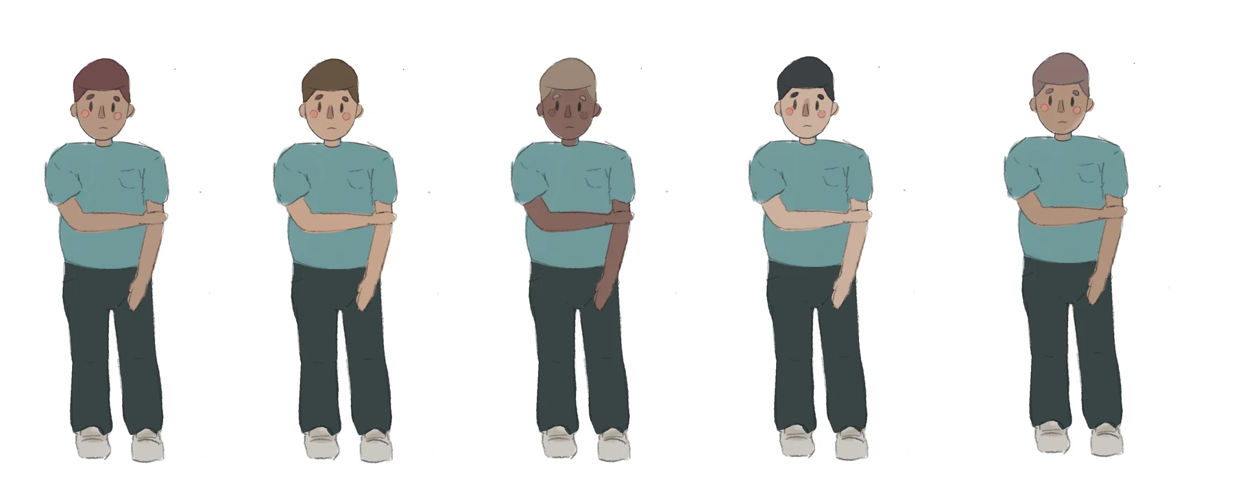 Five patient character design variations in teal shirts