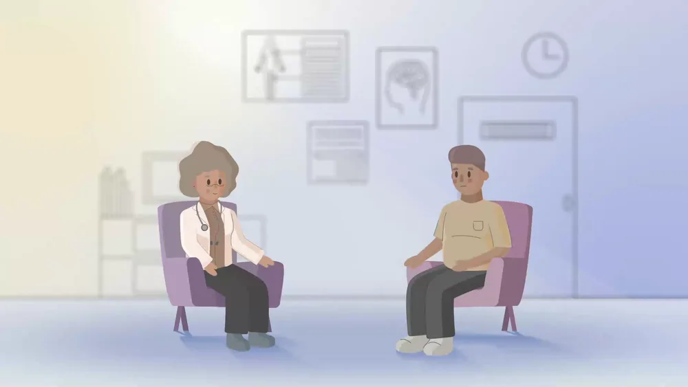 Illustrated doctor and patient sitting together in a softly lit consultation room